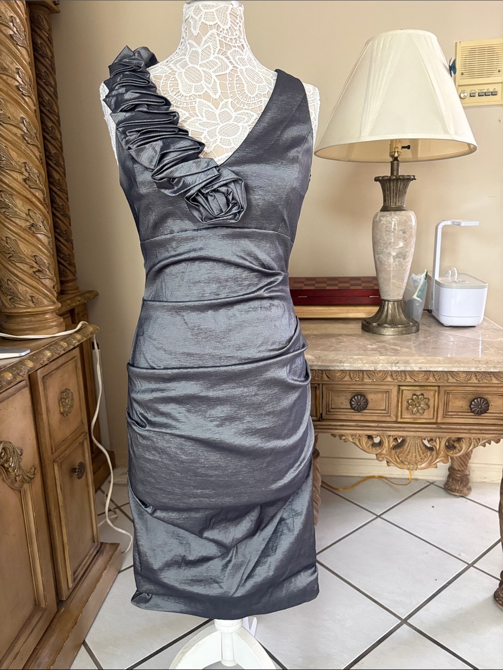 Betsy & Adam, 12, Gray, Silver, Cocktail, Dress